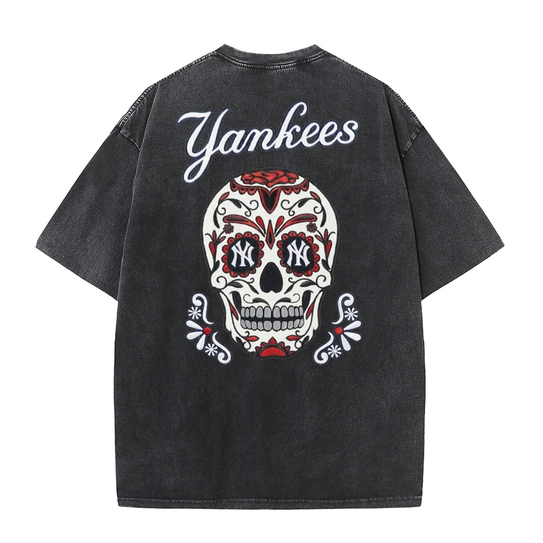 Vintage Washed Black NY Inspired Sugar Skull Retro Baseball Graphic Tee