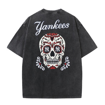 Vintage Washed Black NY Inspired Sugar Skull Retro Baseball Graphic Tee
