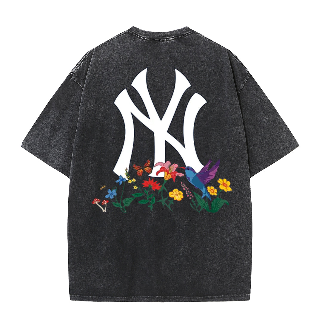 Vintage Washed Black NY Floral Graphic Retro Streetwear Tee