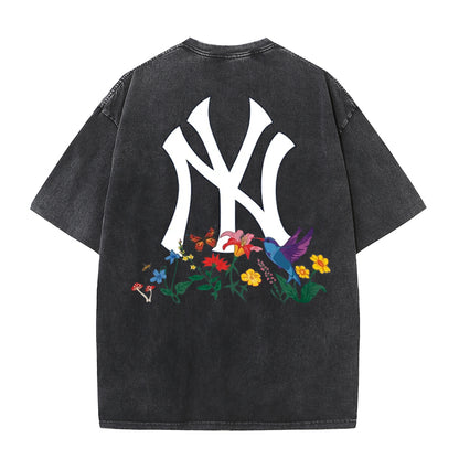 Vintage Washed Black NY Floral Graphic Retro Streetwear Tee