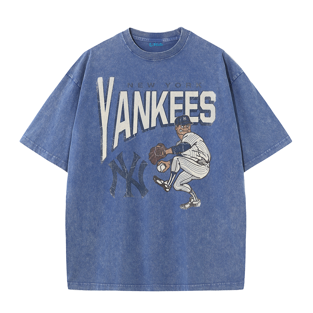Vintage Cartoon Pitcher NY Style Graphic Retro Casual Short Sleeve