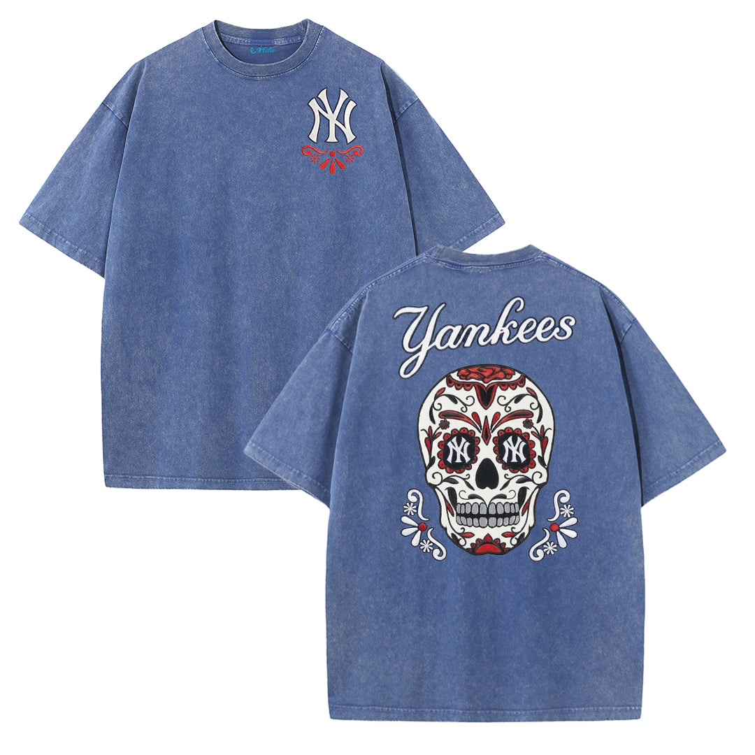 Vintage Washed Black NY Inspired Sugar Skull Retro Baseball Graphic Tee