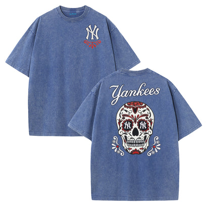 Vintage Washed Black NY Inspired Sugar Skull Retro Baseball Graphic Tee