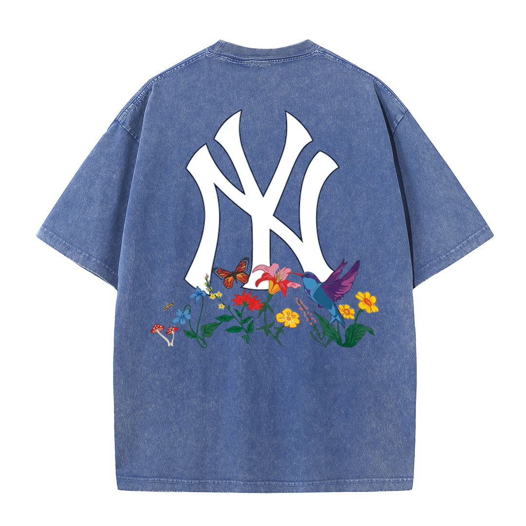 Vintage Washed Black NY Floral Graphic Retro Streetwear Tee