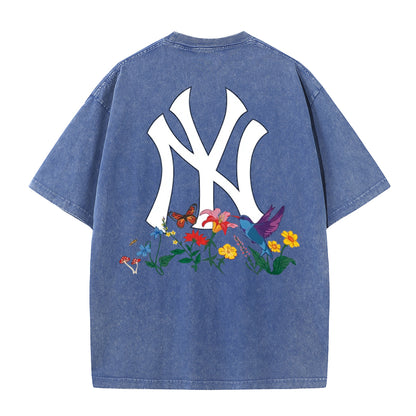 Vintage Washed Black NY Floral Graphic Retro Streetwear Tee