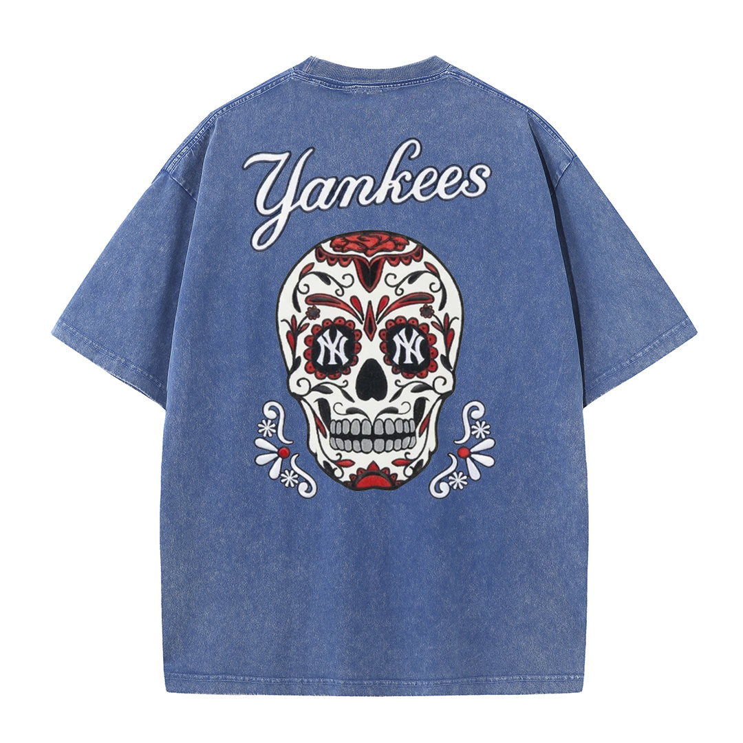 Vintage Washed Black NY Inspired Sugar Skull Retro Baseball Graphic Tee