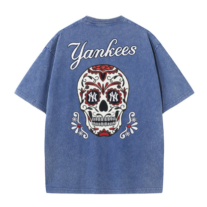 Vintage Washed Black NY Inspired Sugar Skull Retro Baseball Graphic Tee