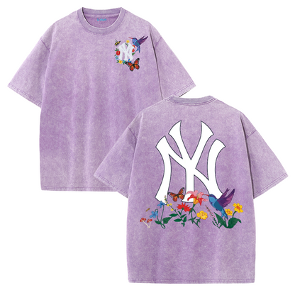 Vintage Washed Black NY Floral Graphic Retro Streetwear Tee