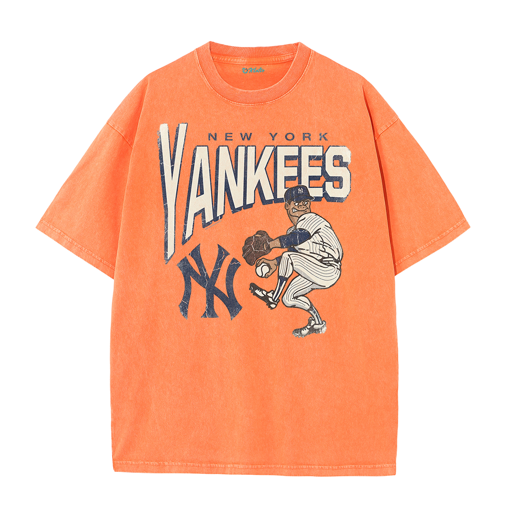Vintage Cartoon Pitcher NY Style Graphic Retro Casual Short Sleeve