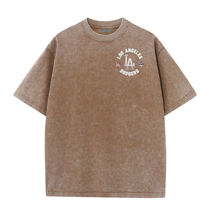 Vintage LA Circle Logo Washed T-Shirt – Retro Baseball Graphic Streetwear Tee