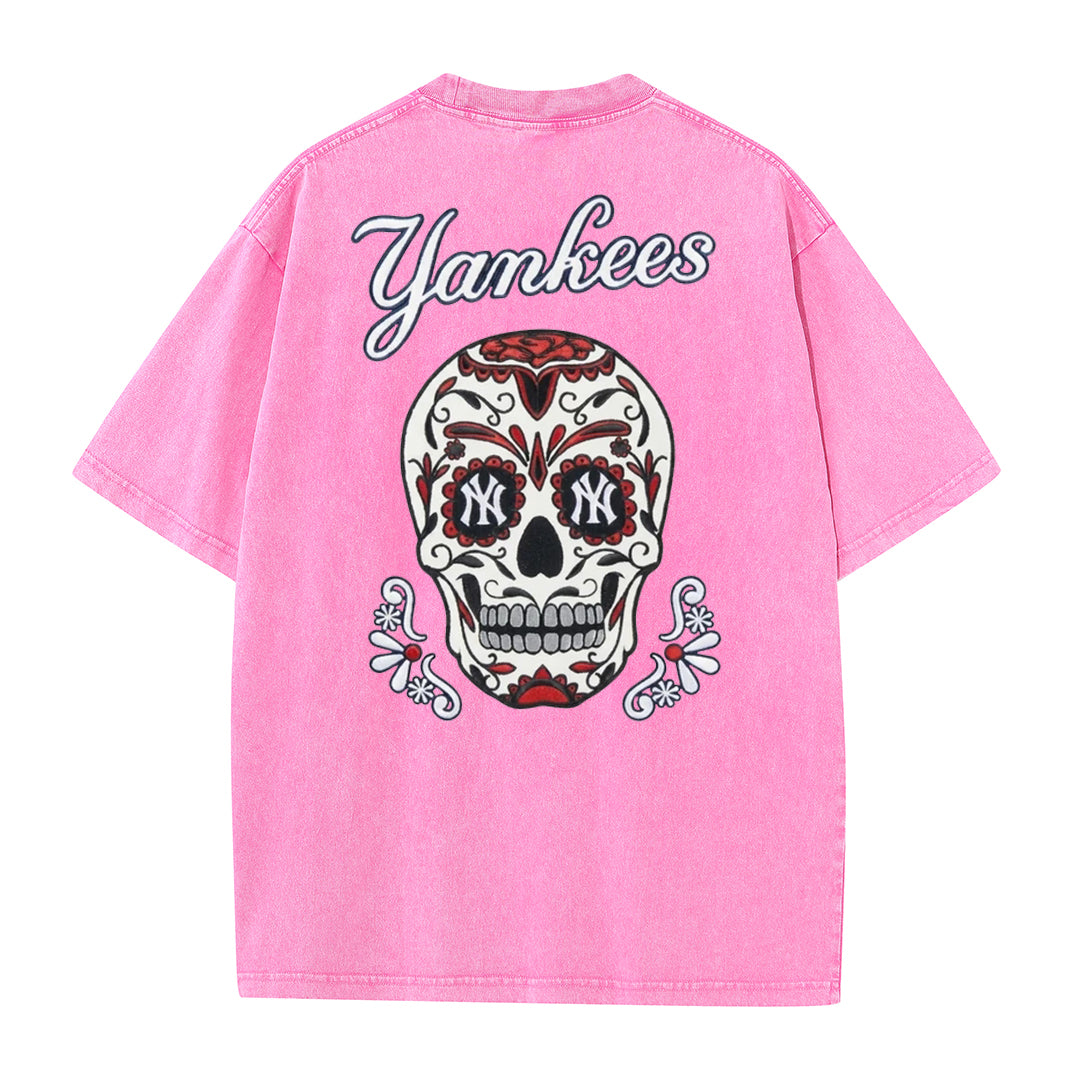 Vintage Washed Black NY Inspired Sugar Skull Retro Baseball Graphic Tee