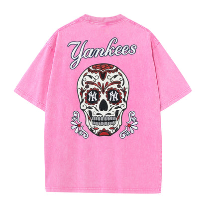 Vintage Washed Black NY Inspired Sugar Skull Retro Baseball Graphic Tee