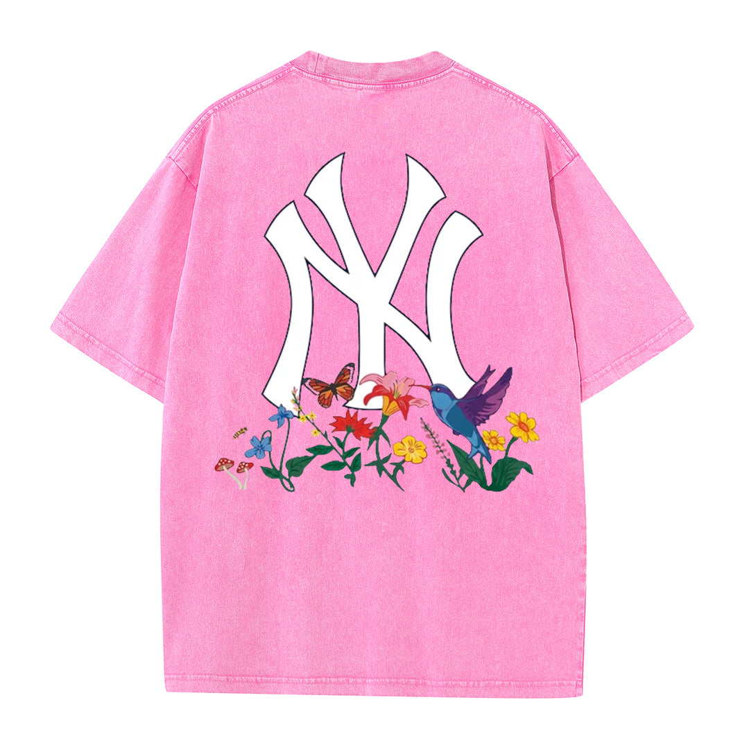 Vintage Washed Black NY Floral Graphic Retro Streetwear Tee