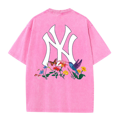 Vintage Washed Black NY Floral Graphic Retro Streetwear Tee