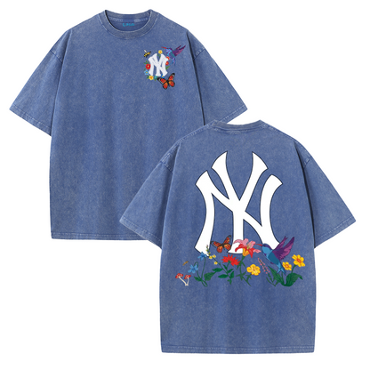 Vintage Washed Black NY Floral Graphic Retro Streetwear Tee
