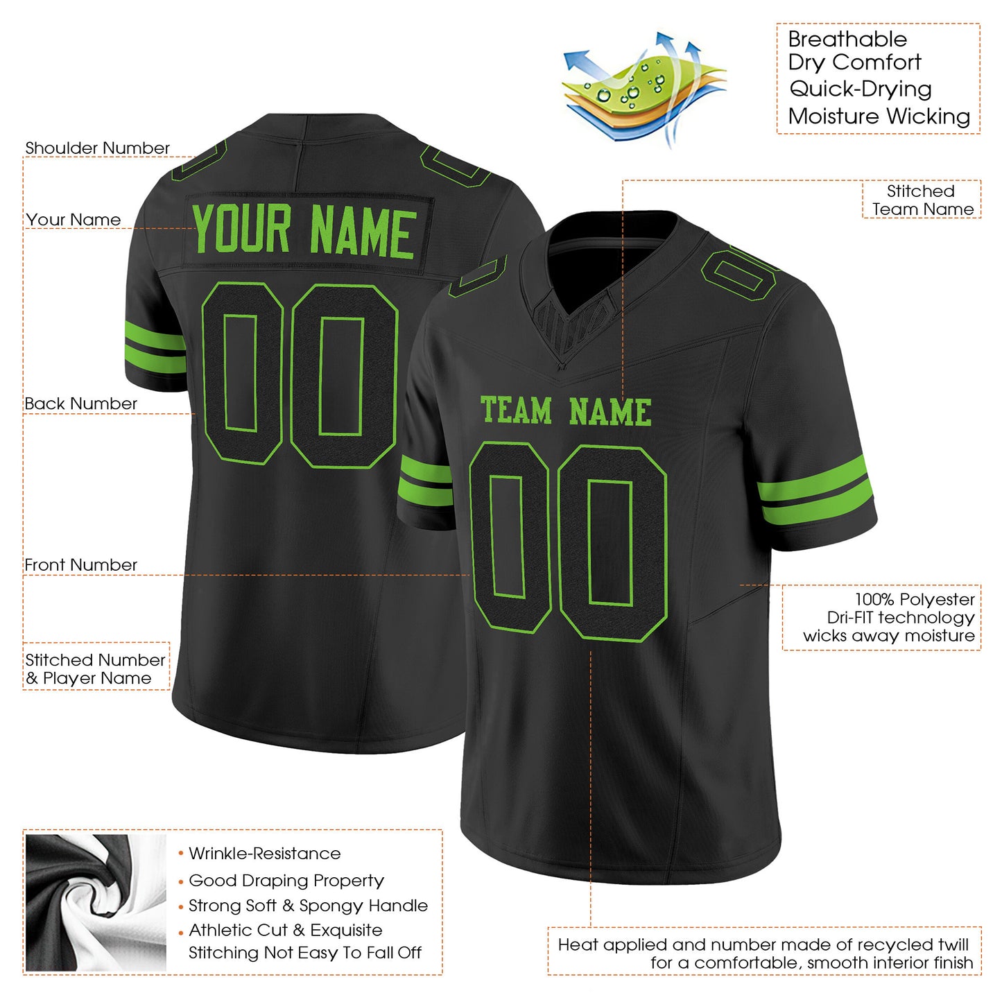 Black Black - Neon Green Mesh Custom Football Jersey