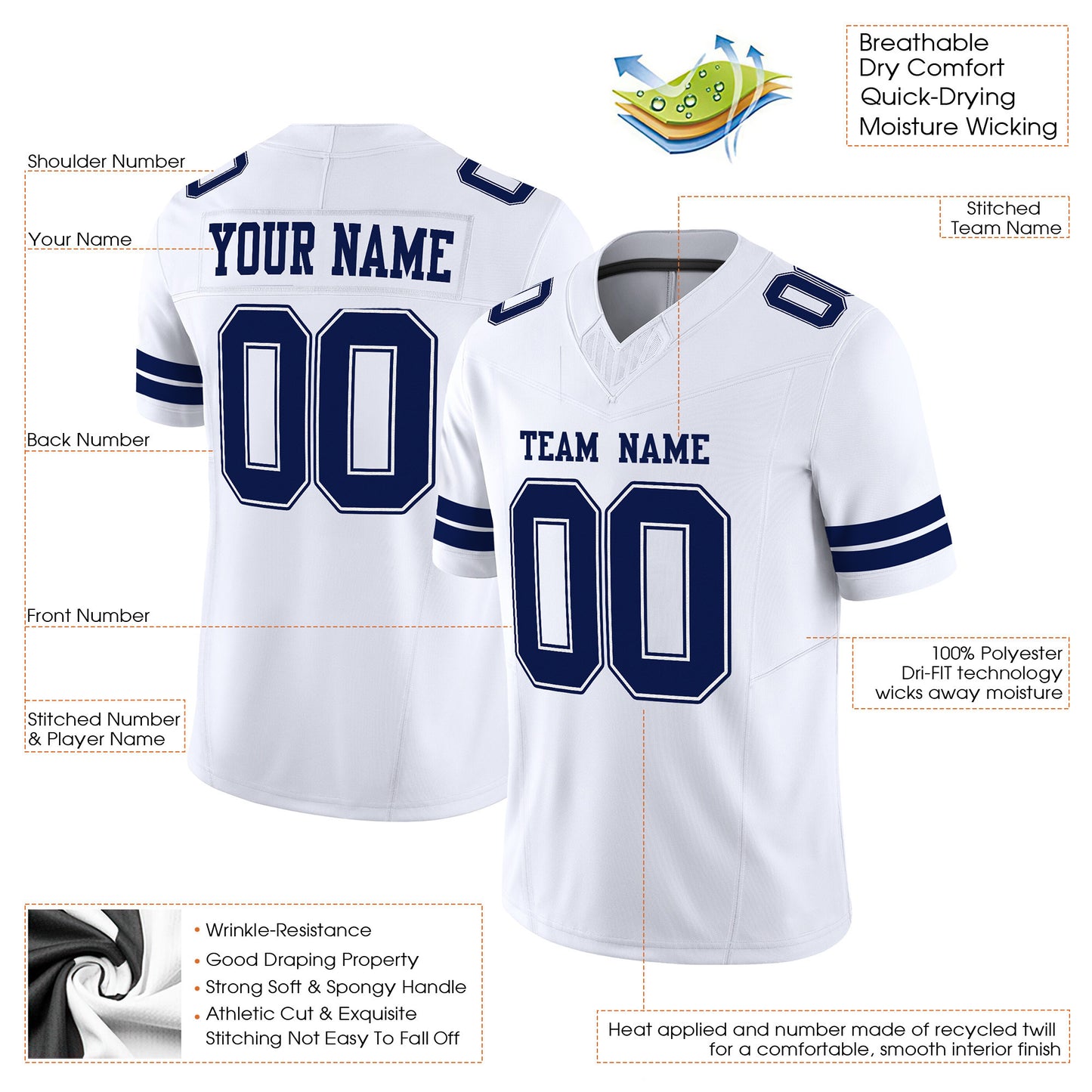 White Navy-White Mesh Custom Football Jersey