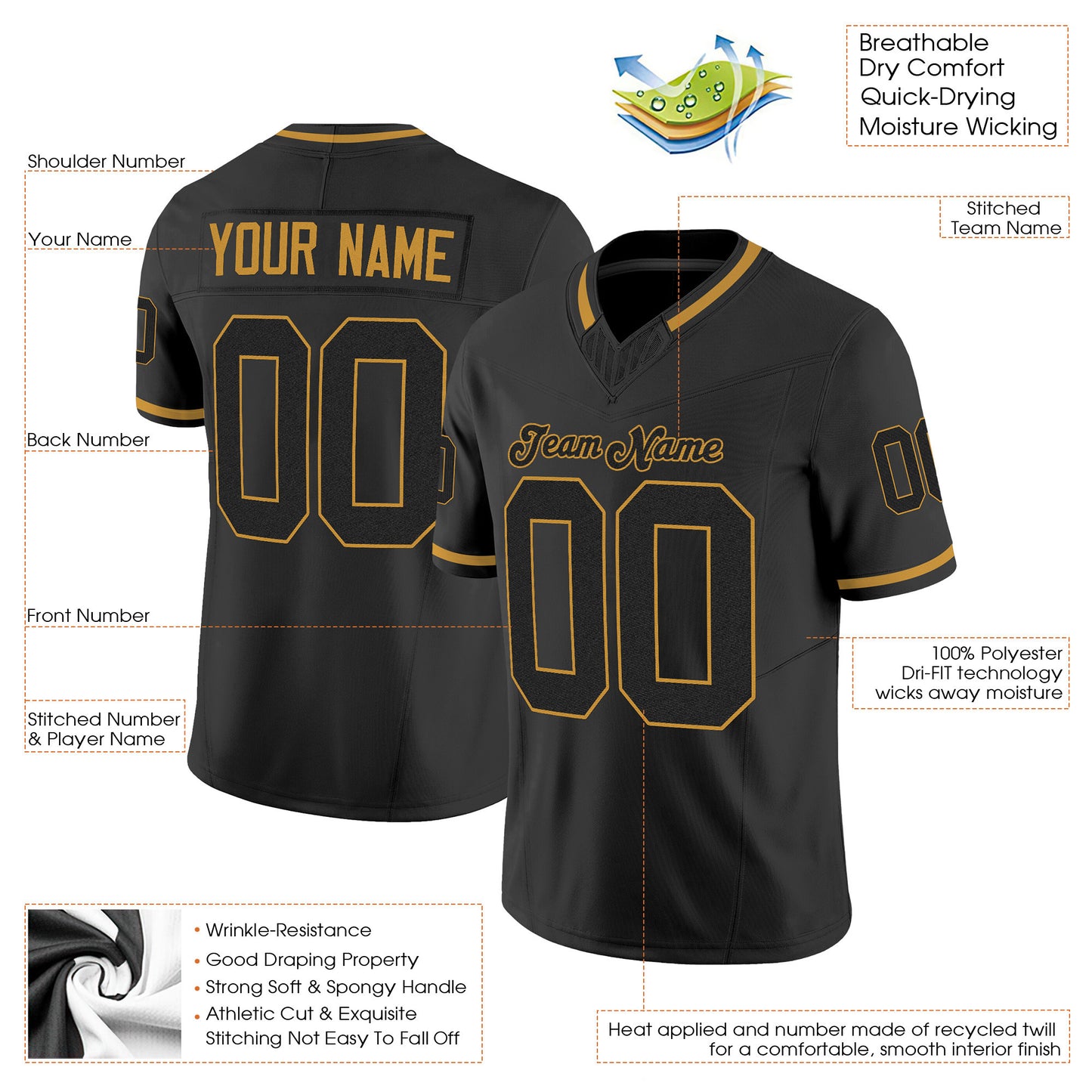Black Black-Old Gold Mesh Custom Football Jersey