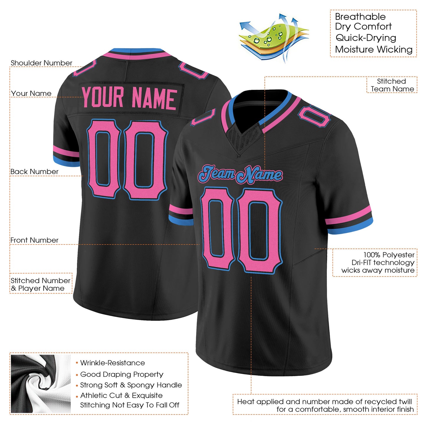 Black Pink-Powder Blue Mesh Custom Football Jersey
