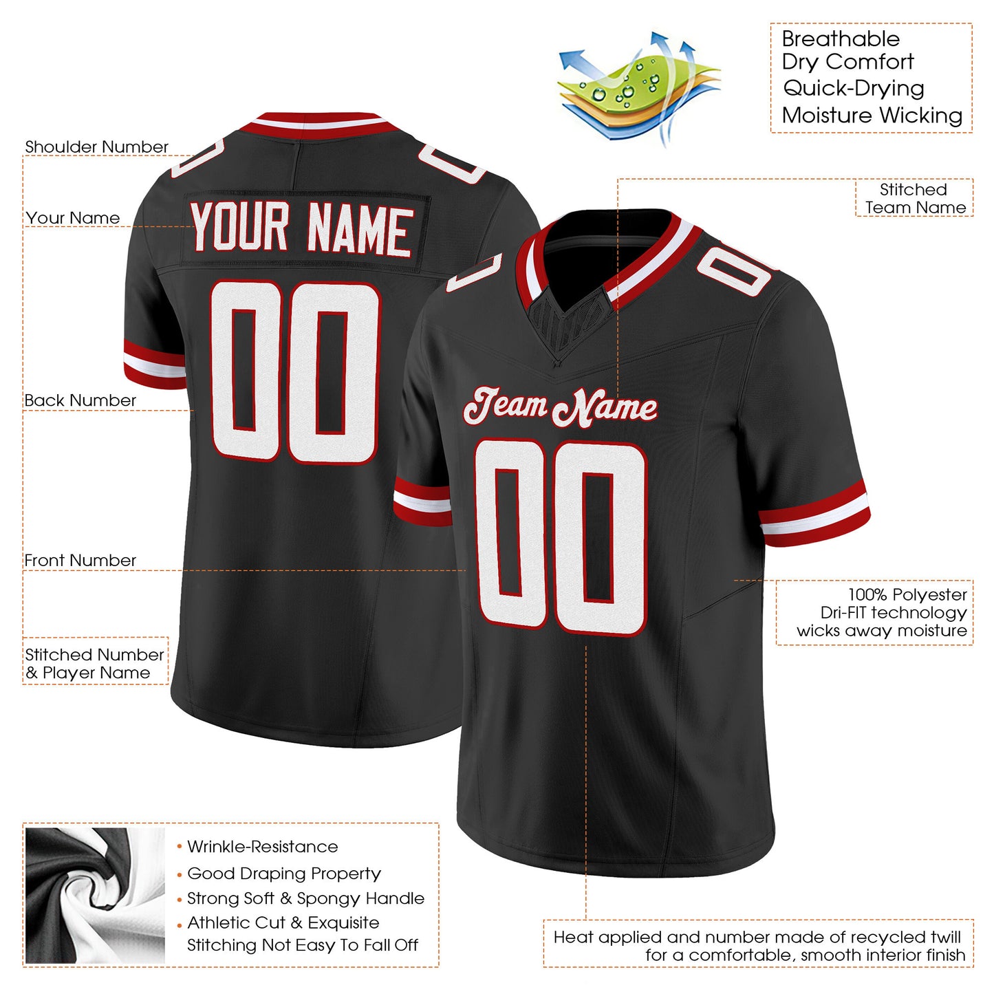 Black White-Red Mesh Throwback Custom Football Jersey