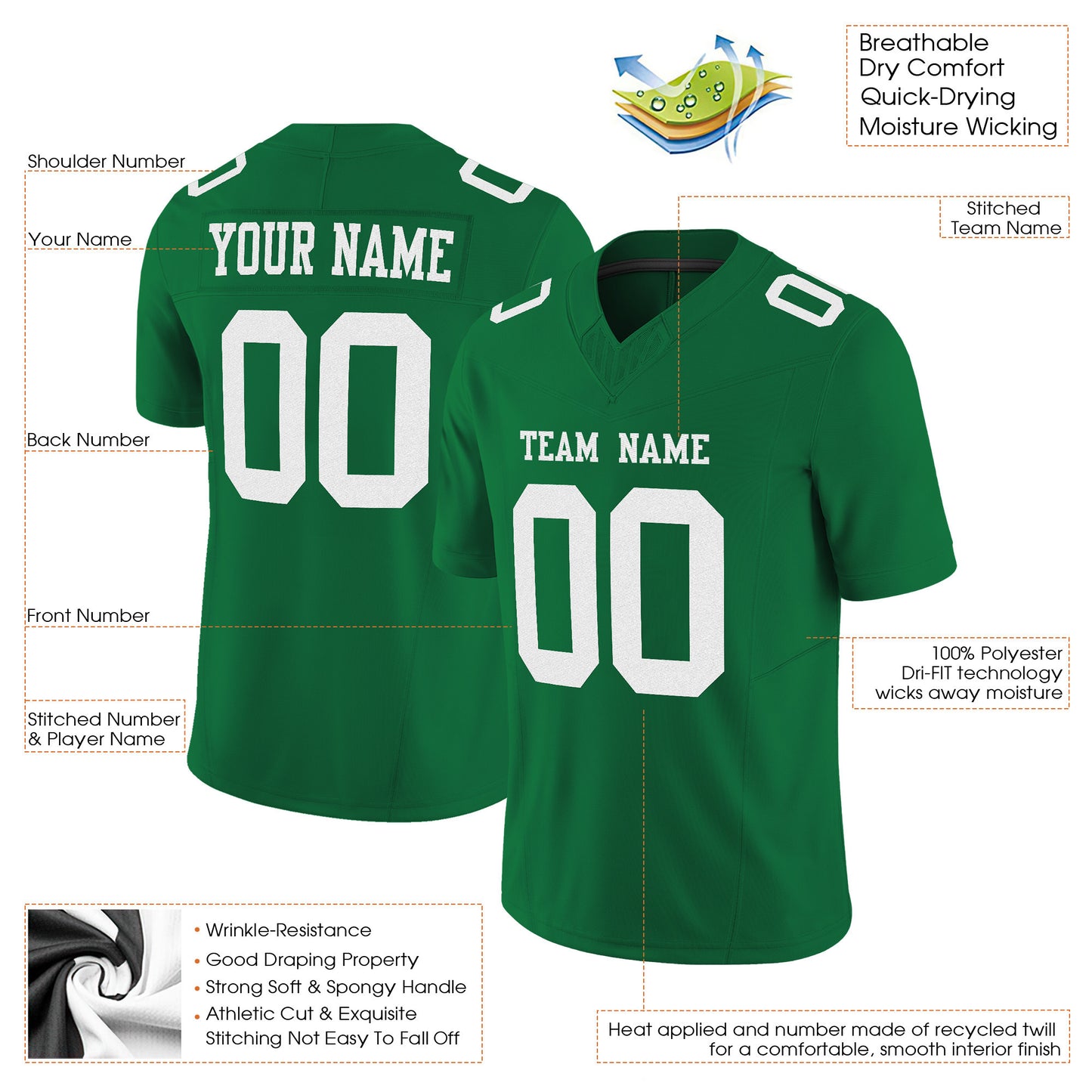 Kelly Green White Mesh Custom Football Jersey