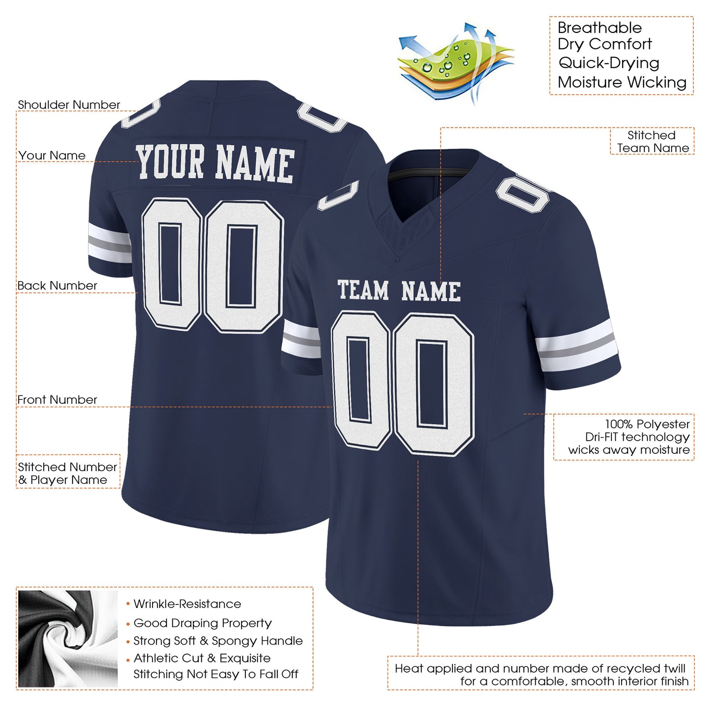 Navy White-Gray Mesh Custom Football Jersey