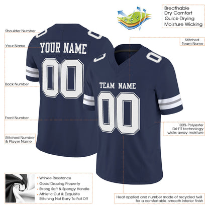Navy White-Gray Mesh Custom Football Jersey