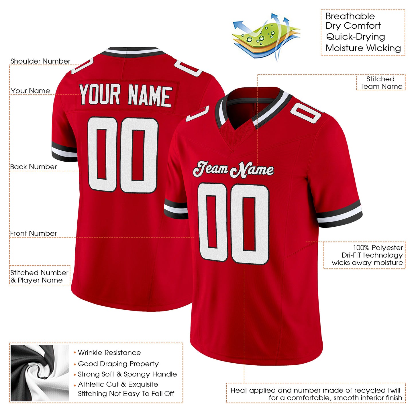 Red White-Black Mesh Throwback Custom Football Jersey