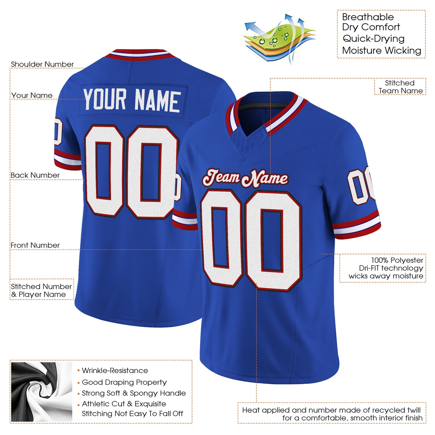 Royal White-Red Mesh Throwback Custom Football Jersey