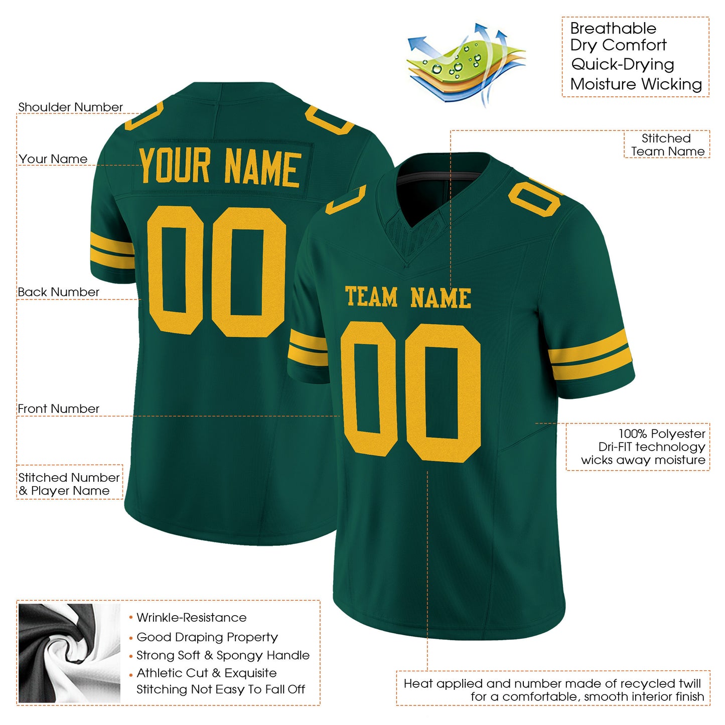 Green Gold Mesh Custom Football Jersey