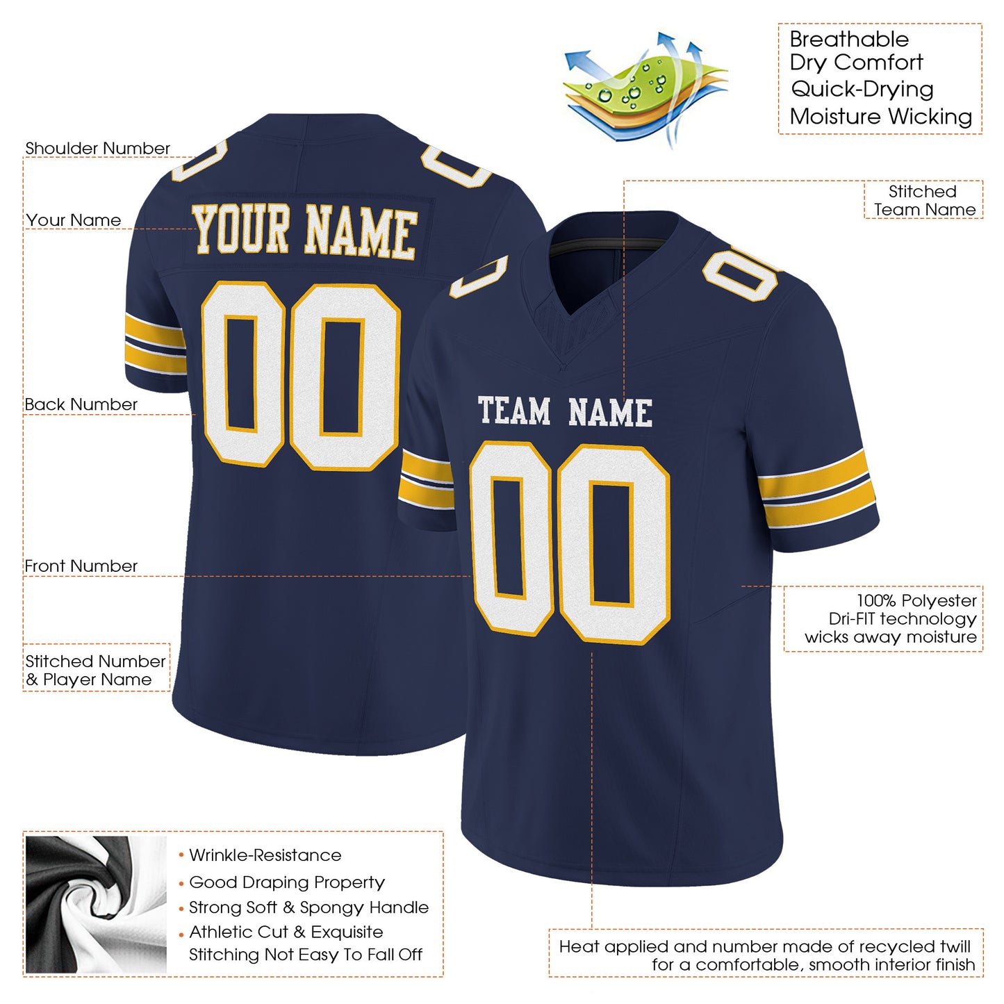 Navy White-Gold Mesh Custom Football Jersey
