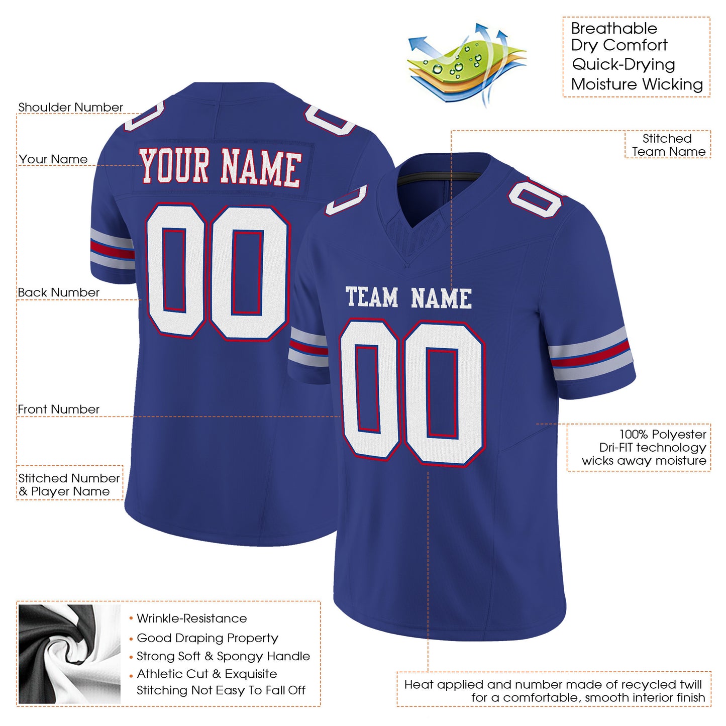 Royal White-Red Mesh Custom Football Jersey