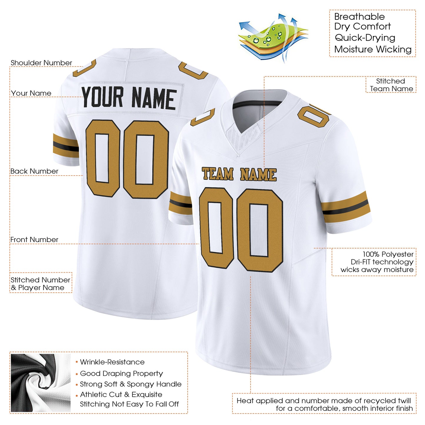 White Old Gold-Black Mesh Custom Football Jersey