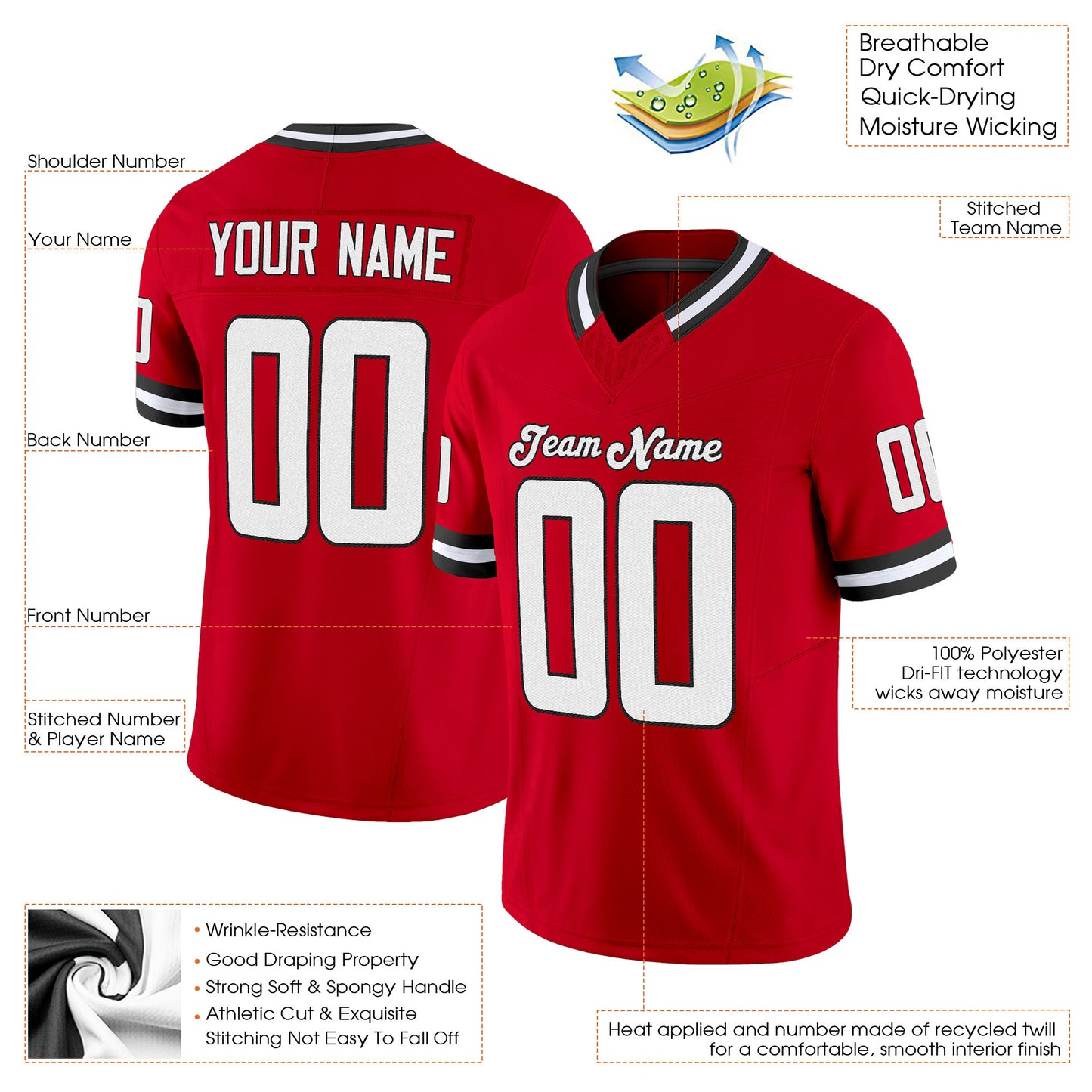 Red White-Black Mesh Throwback Custom Football Jersey