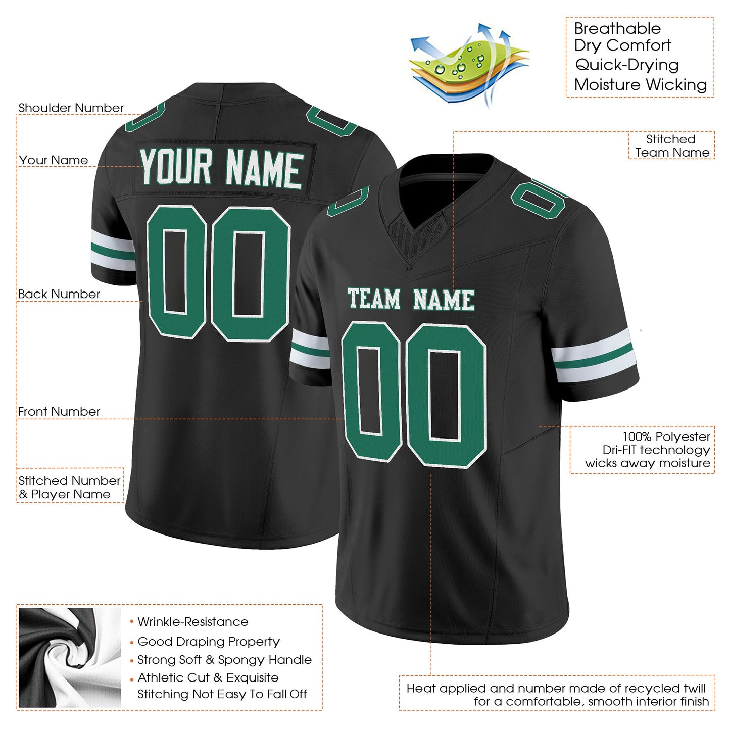Black Kelly Green-White Mesh Custom Football Jersey