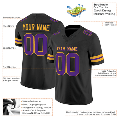 Black Purple-Gold Mesh Custom Football Jersey