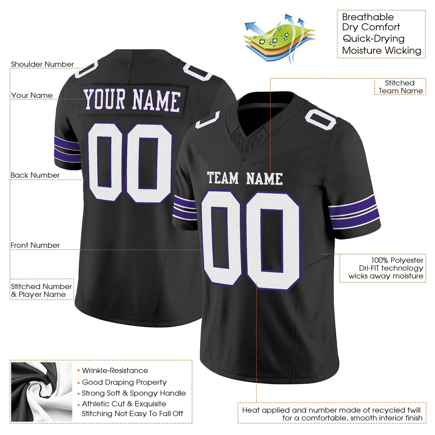 Black White-Purple Mesh Custom Football Jersey