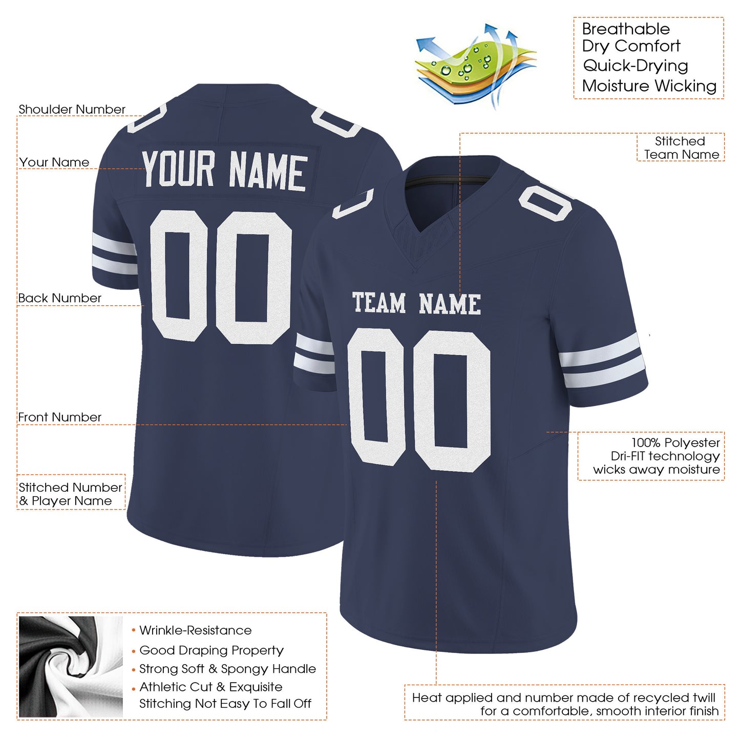 Navy White Mesh Custom Football Jersey
