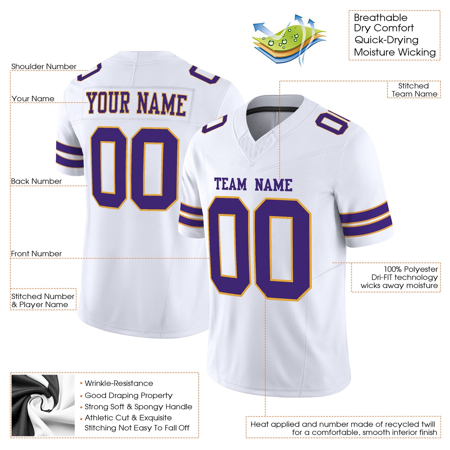 White Purple-Gold Mesh Custom Football Jersey