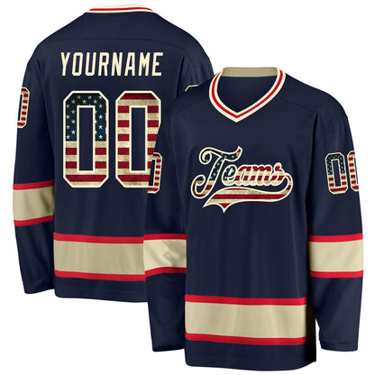 Navy Vintage USA Flag-Cream Custom Hockey Jersey