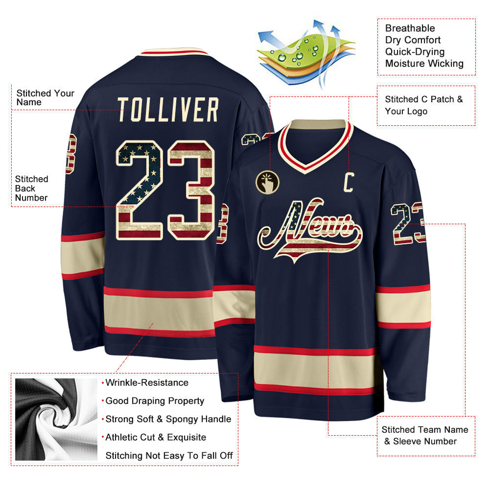 Navy Vintage USA Flag-Cream Custom Hockey Jersey