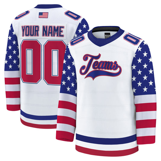 White Red - Royal Independence Day USA Flag Patch Custom Hockey Jersey