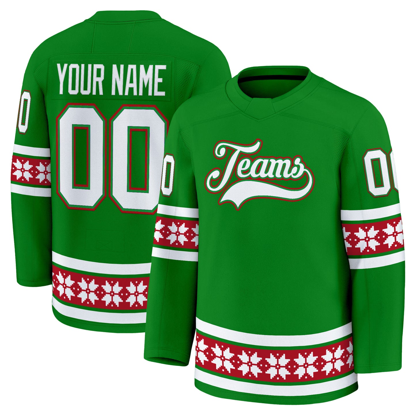 Green White - Red Christmas Custom Hockey Jersey - Stitched