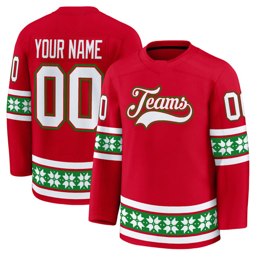 Red White - Green Christmas Custom Hockey Jersey - Stitched