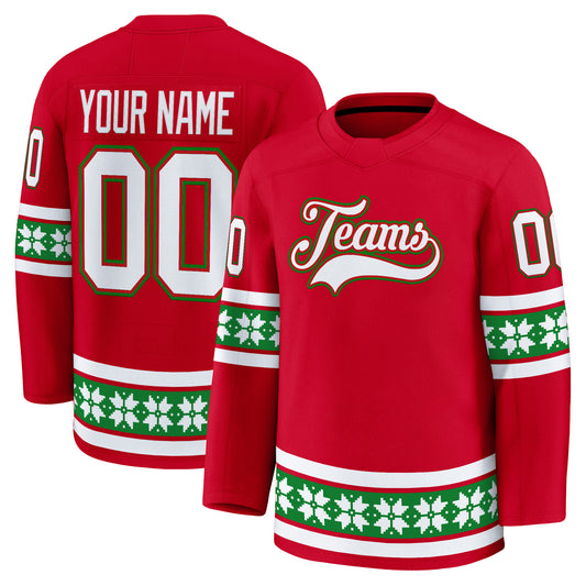 Red White - Green Christmas Custom Hockey Jersey - Stitched