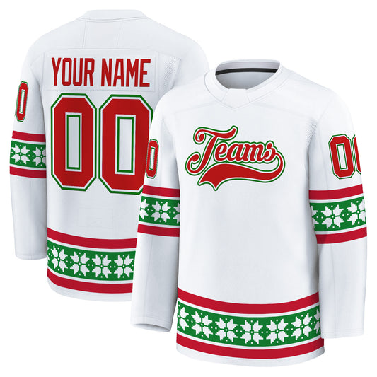 White Red - Green Christmas Custom Hockey Jersey - Stitched