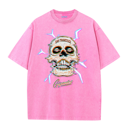 Retro Skull Graphic Tee – Washed Streetwear Cotton T-Shirt with Crossed Bats Print