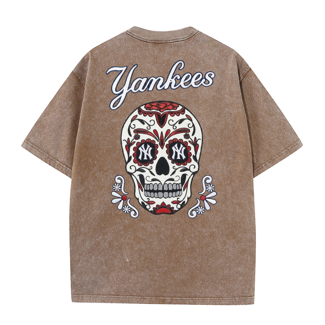 Vintage Washed Black NY Inspired Sugar Skull Retro Baseball Graphic Tee