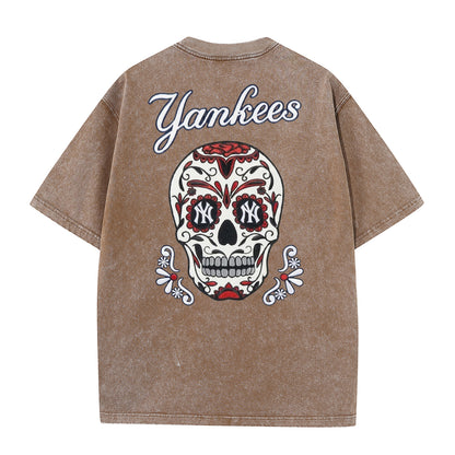 Vintage Washed Black NY Inspired Sugar Skull Retro Baseball Graphic Tee