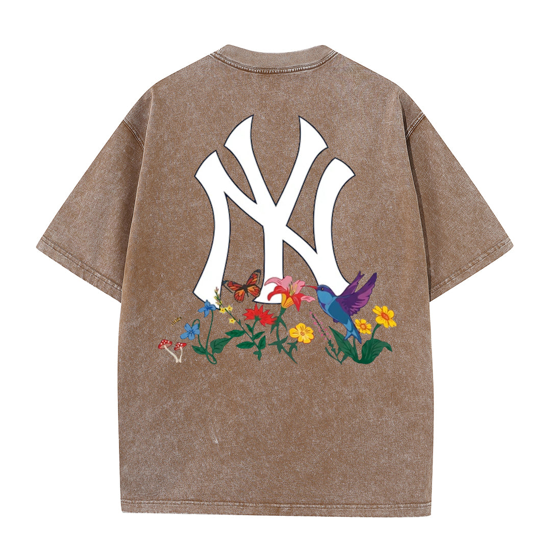 Vintage Washed Black NY Floral Graphic Retro Streetwear Tee
